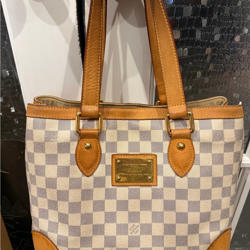 LV Checkered Tote Bag with Tan Accents